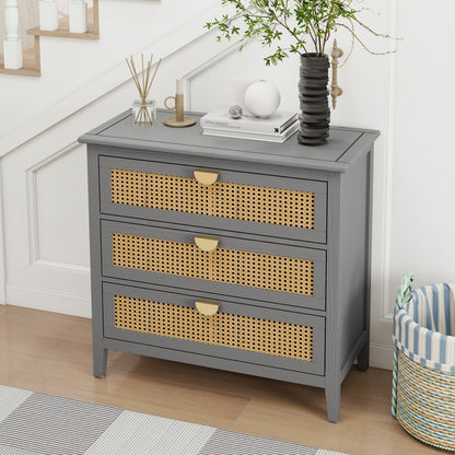 3 Drawer Cabinet Natural Rattan Suitable For Bedroom - Gray