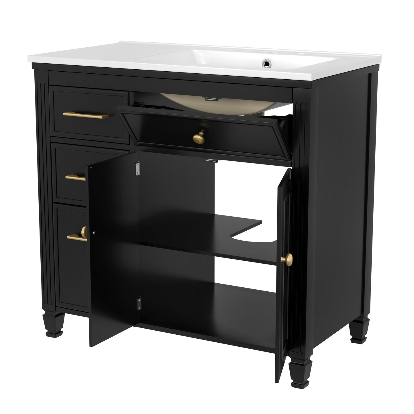 Modern Bathroom Vanity With Ceramic Sink, Freestanding, One Tip - Out Drawer, 3 Side Drawers, Adjustable Shelf - Beige