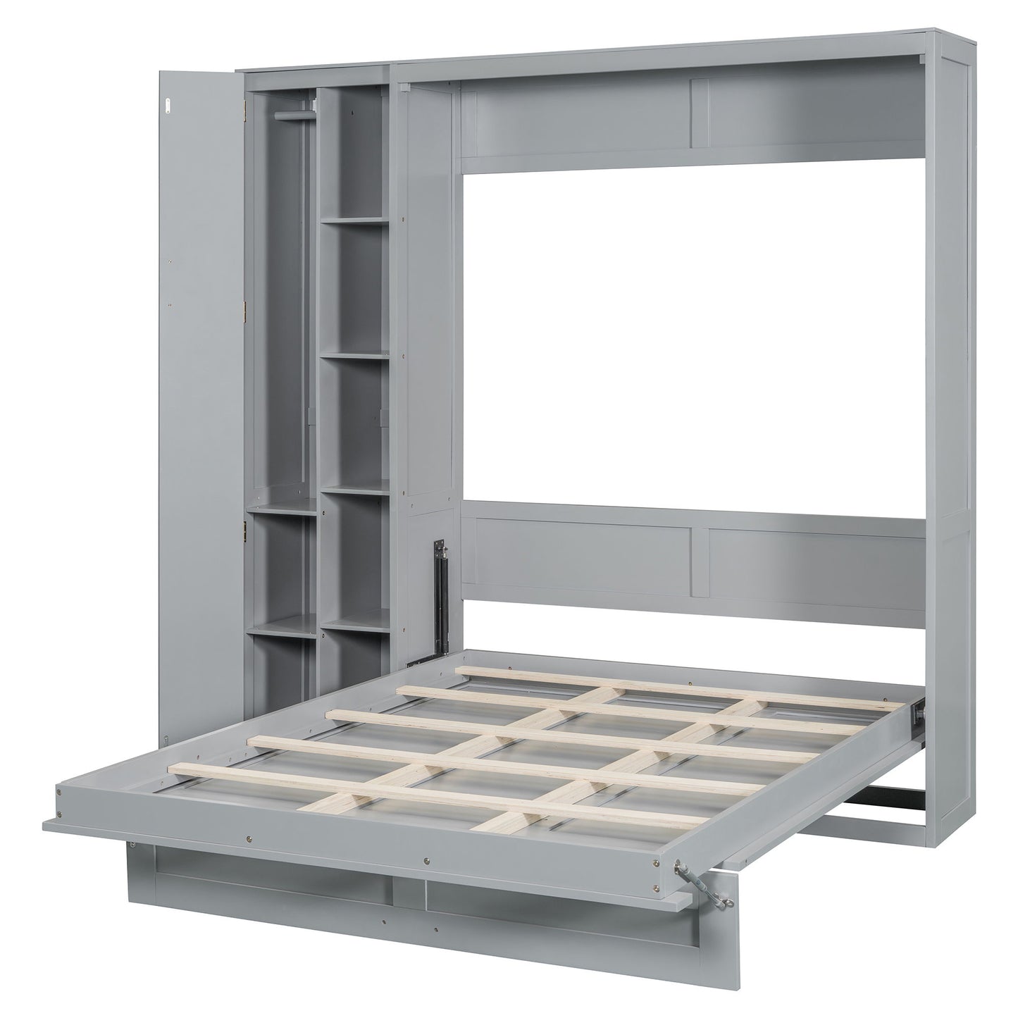 Full Size Murphy Wall Bed With Shelves, Wardrobe And LED Lights - Gray