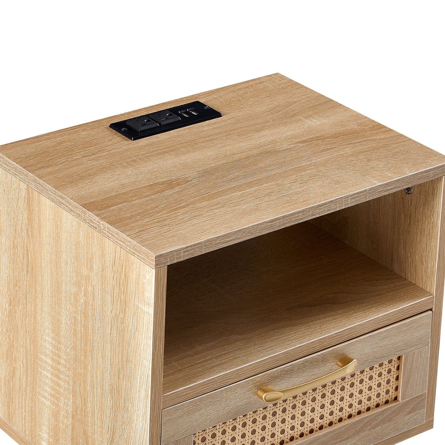 15.75" Rattan End Table With Power Outlet & USB Ports, Modern Nightstand With Drawer And Solid Wood Legs, Side Table For Living Room, Bedroom - Natural