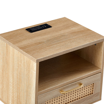 15.75" Rattan End Table With Power Outlet & USB Ports, Modern Nightstand With Drawer And Solid Wood Legs, Side Table For Living Room, Bedroom - Natural