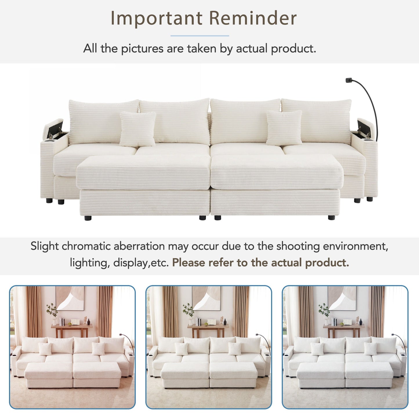 Modern Style 4 Seater Sofa Sectional Sofa Couch With Storage Space, Two Movable Ottomans, Two USB Ports, Two Cup Holders, A Phone Holder For Living Room - Beige