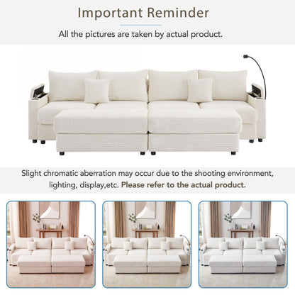 Modern Style 4 Seater Sofa Sectional Sofa Couch With Storage Space, Two Movable Ottomans, Two USB Ports, Two Cup Holders, A Phone Holder For Living Room - Beige