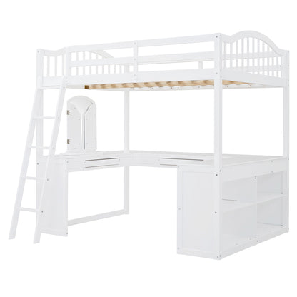 Full Loft Bed With U Shaped Desk, Storage Compartments And Tri Fold Mirror - White