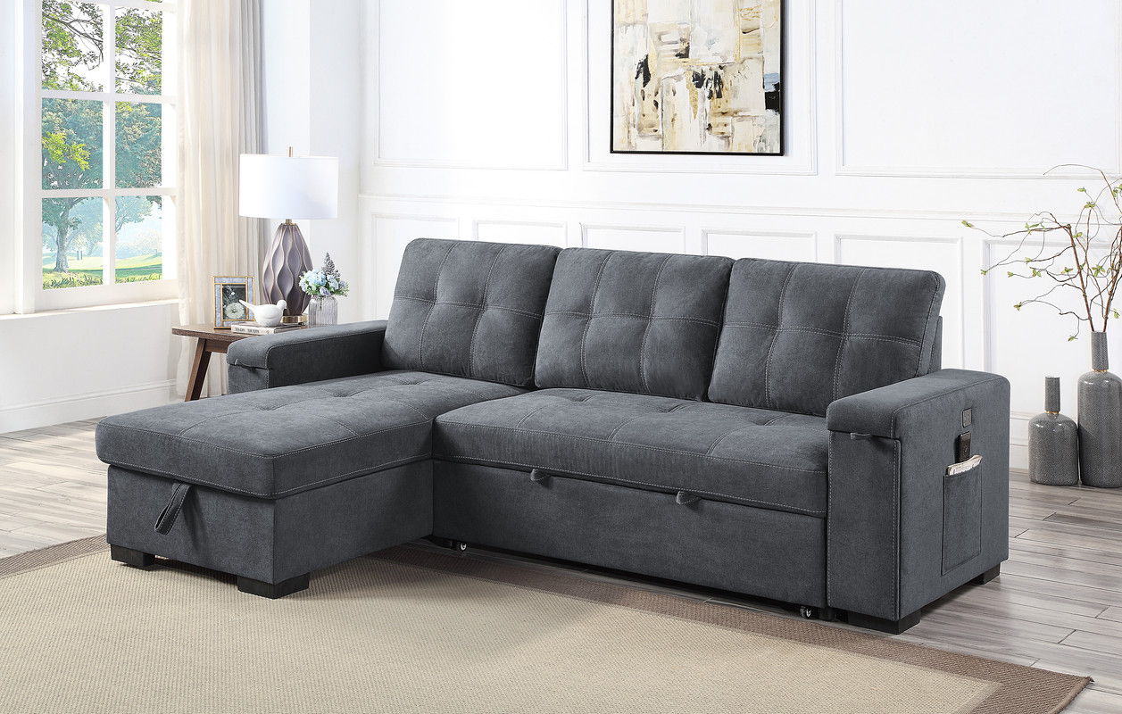 Toby - Woven Fabric Reversible Sleeper Sectional Sofa With Storage Chaise Cup Holder Charging Ports And Pockets - Gray
