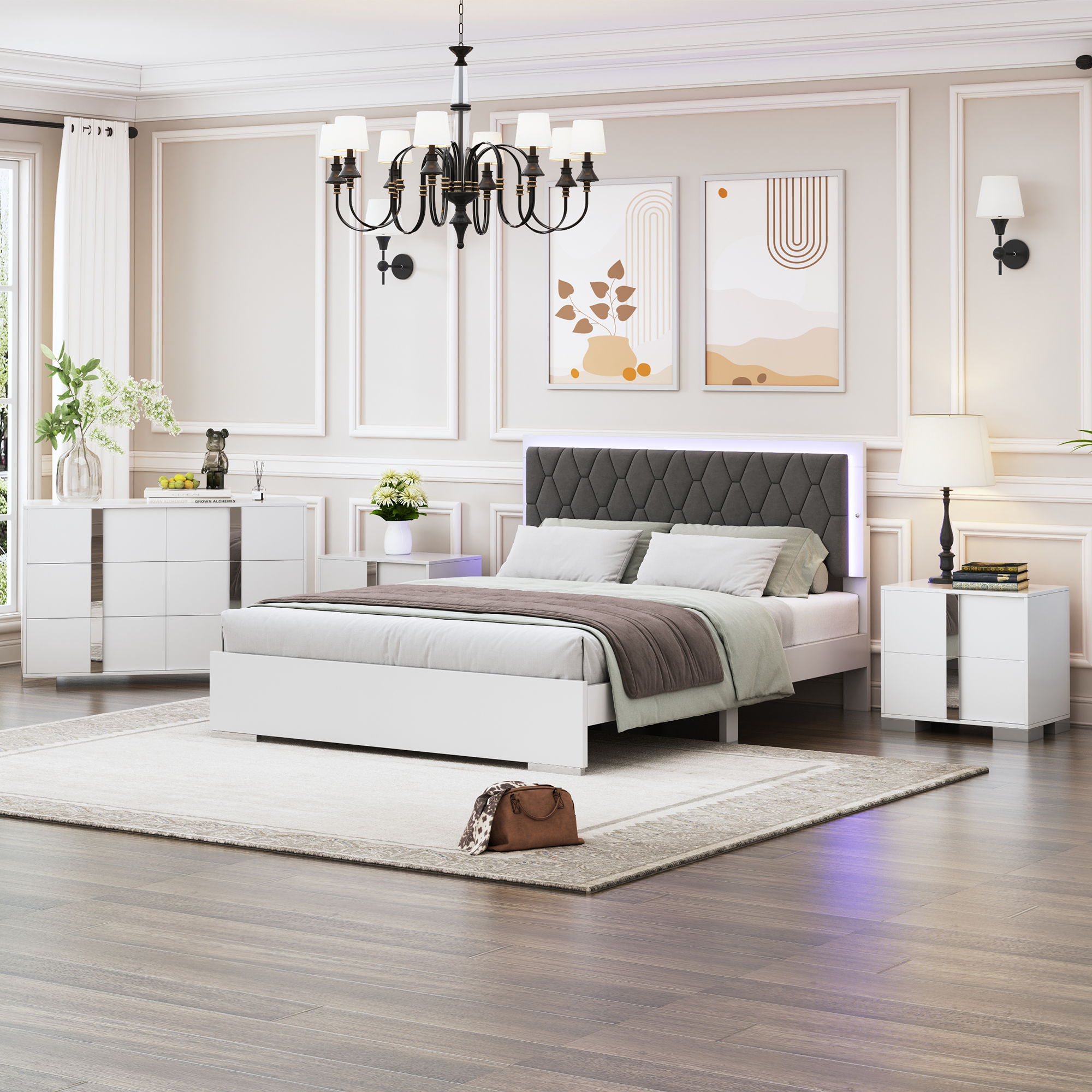 4 Piece Bedroom Sets Queen Size Upholstered Bed With LED Lights, Mirrored Nightstands And Dresser With Metal Handles And Legs - White