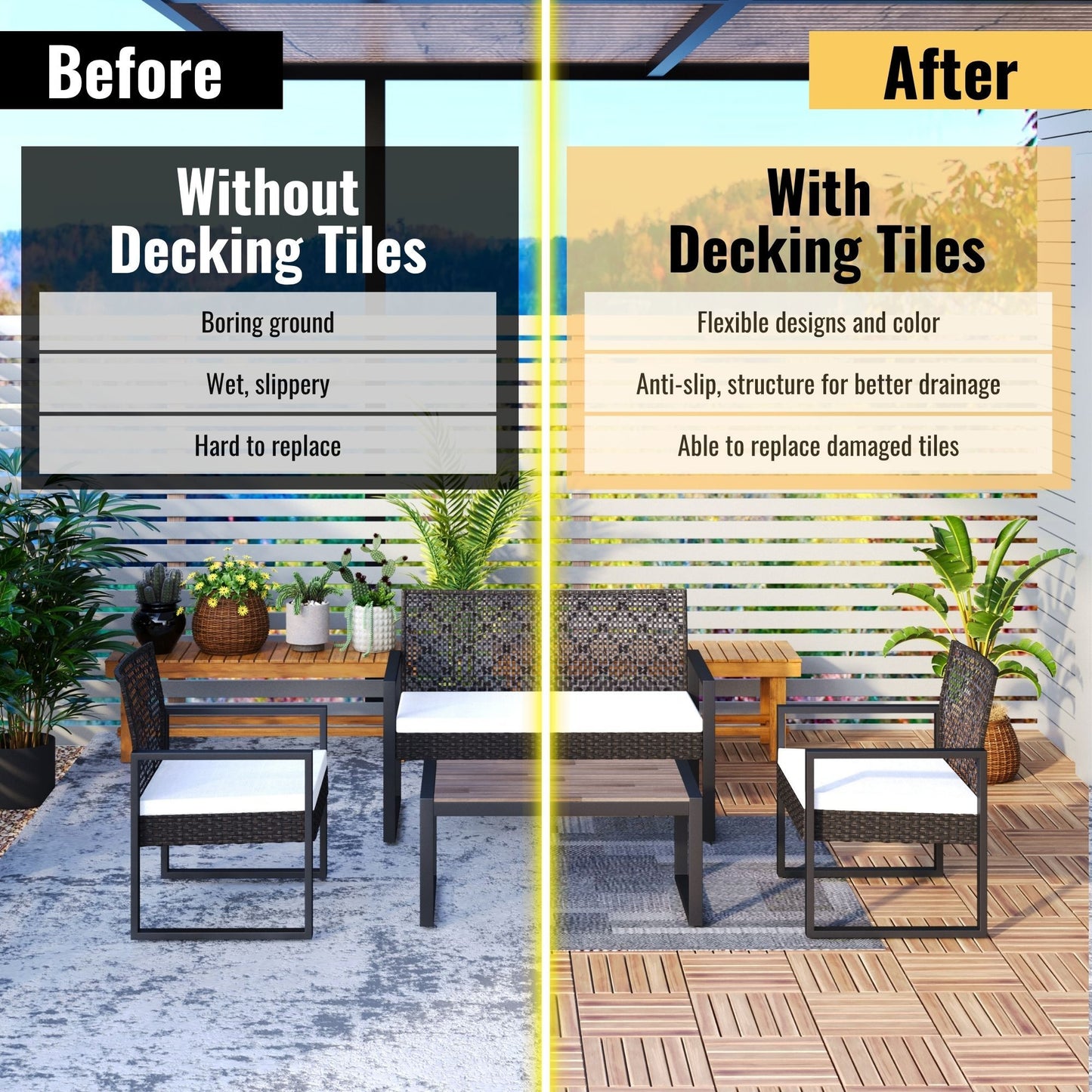 10 Piece Interlocking Deck Tiles Striped Pattern, Square Acacia Hardwood Outdoor Flooring For Patio, Bancony, Pool Side - Yellow