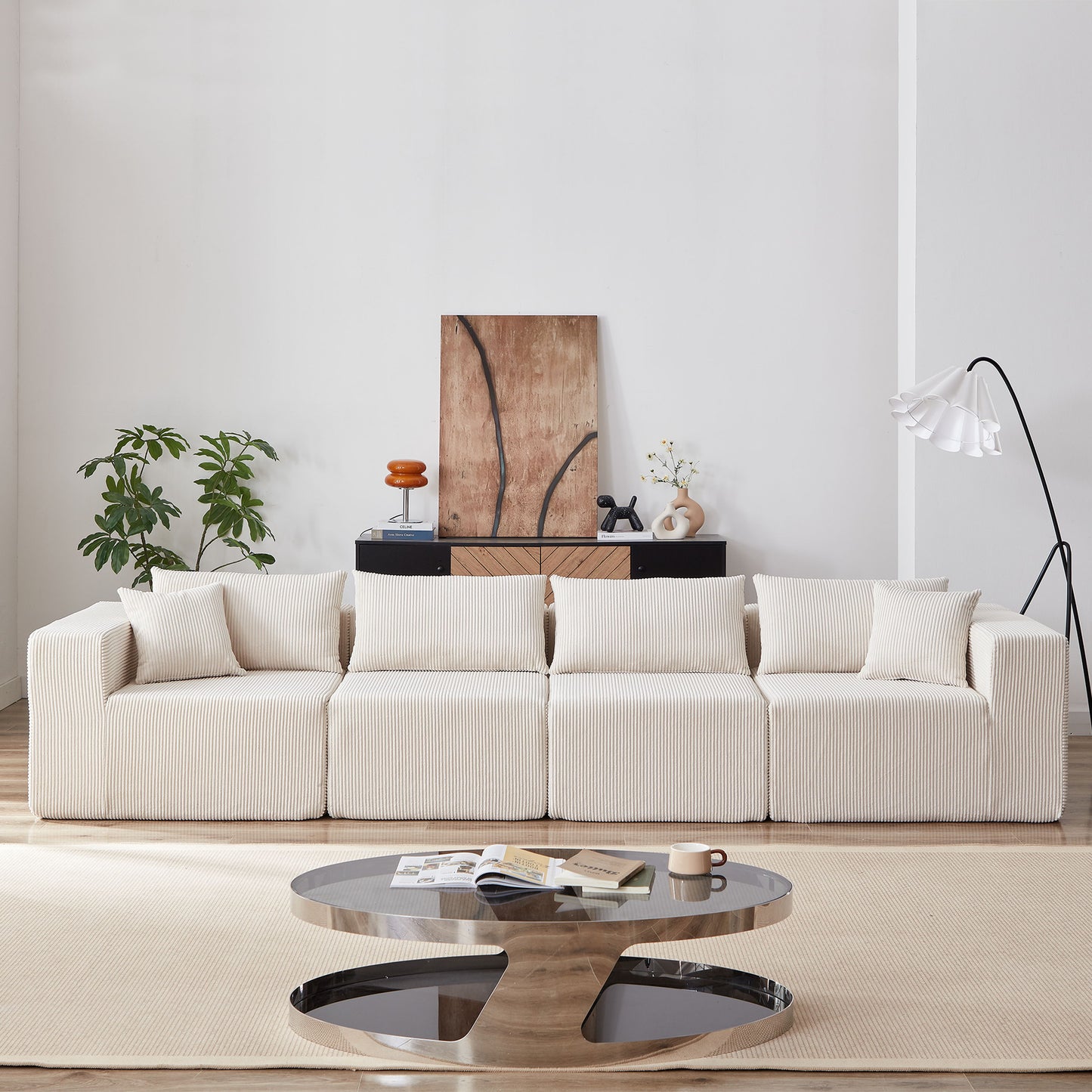 Corduroy Modular L Shaped Sectional Sofa, Luxury Floor Couch Set, 4 Piece Free Combination - Beige
