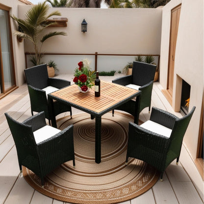 5 Piece Outdoor Patio Wicker Dining Set Patio Wicker Furniture Dining Set With Top - Black / Creme