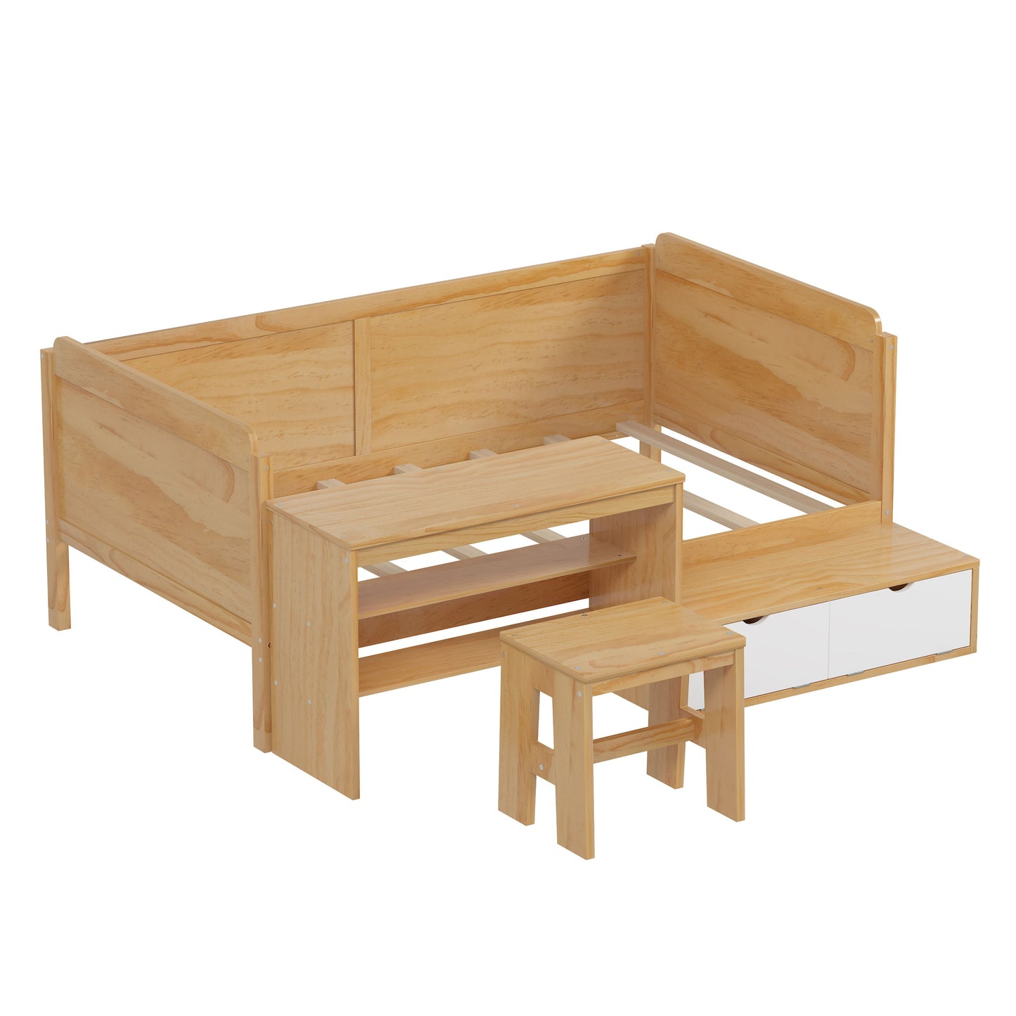 Twin Size Daybed With Storage Shelves And Lockers, Multi Functional Bed With Study Desk And Matching Stool - Natural