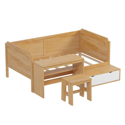 Twin Size Daybed With Storage Shelves And Lockers, Multi Functional Bed With Study Desk And Matching Stool - Natural