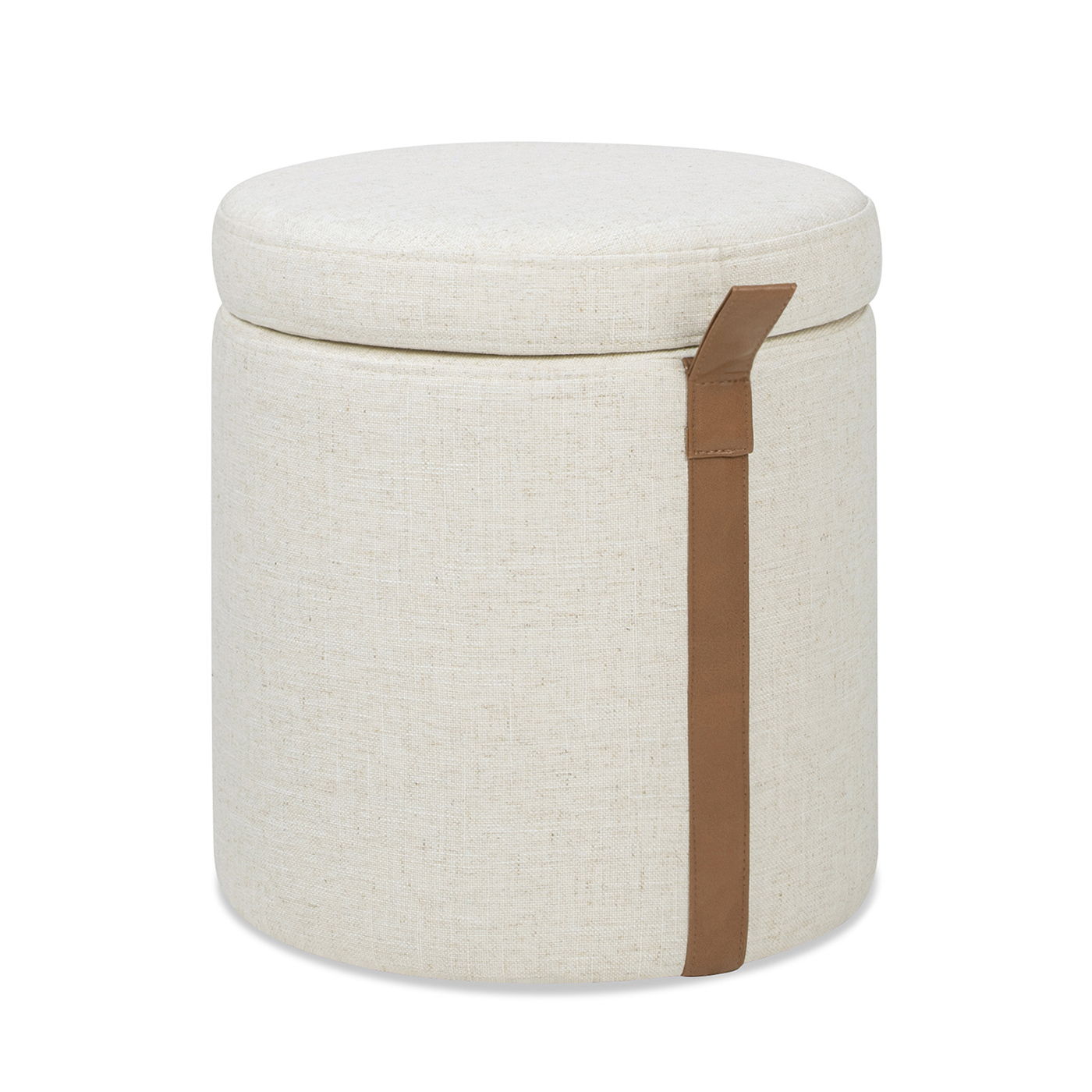 Brandy - Round Upholstered Storage Ottoman With Leather Accent - Flax White