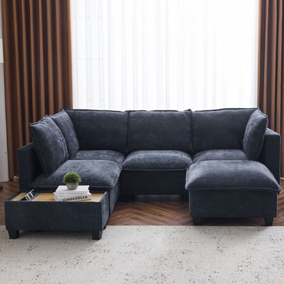 U - Shaped Sectional Sofa Modular Sofa Couch With A Movable Ottoman, A Coffee Table With Hidden Charging Devices For Living Room - Blue