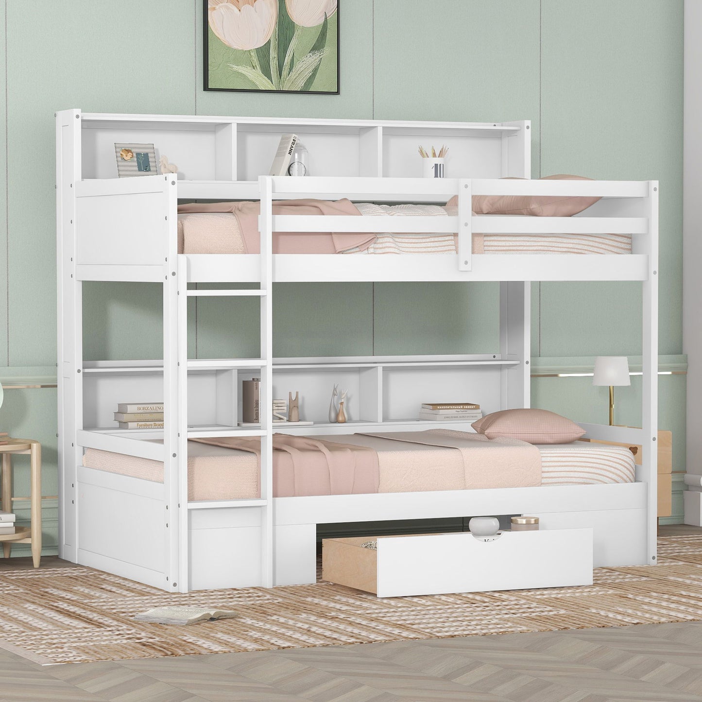 Twin Size Bunk Bed With Built-In Shelves Beside Both Upper And Down Bed And Storage Drawer - White