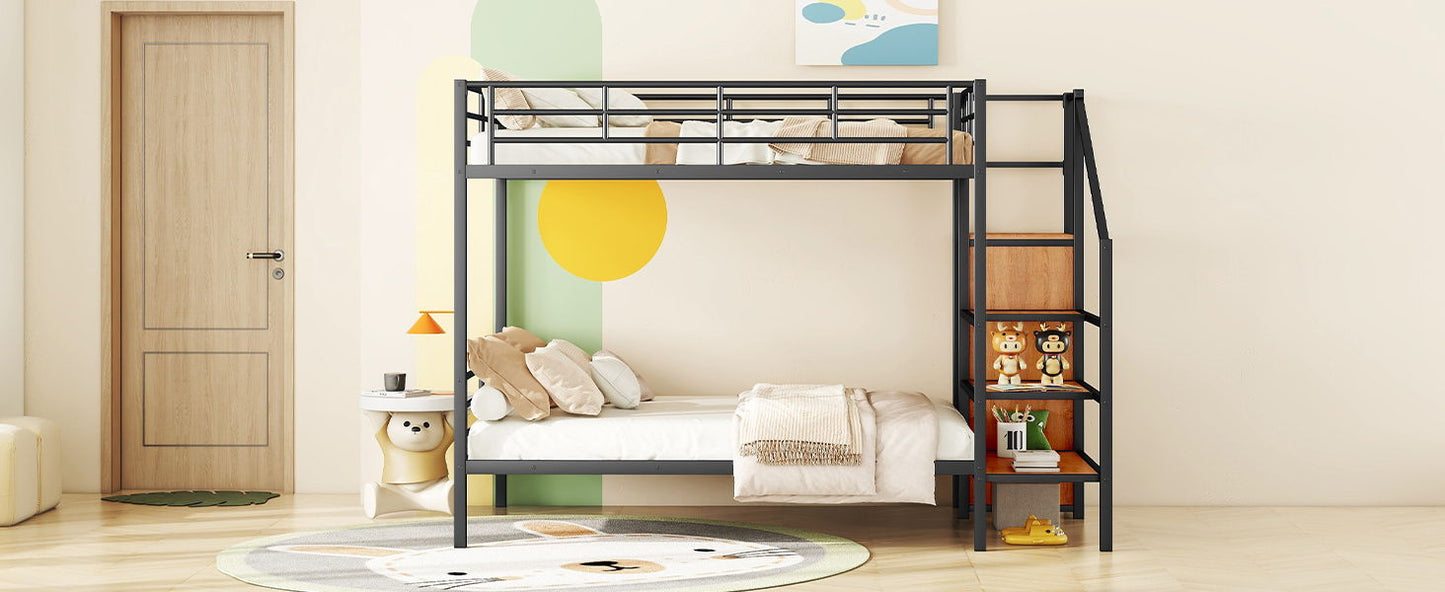 Full Over Full Bunk Bed With Lateral Storage Ladder And Wardrobe - Black