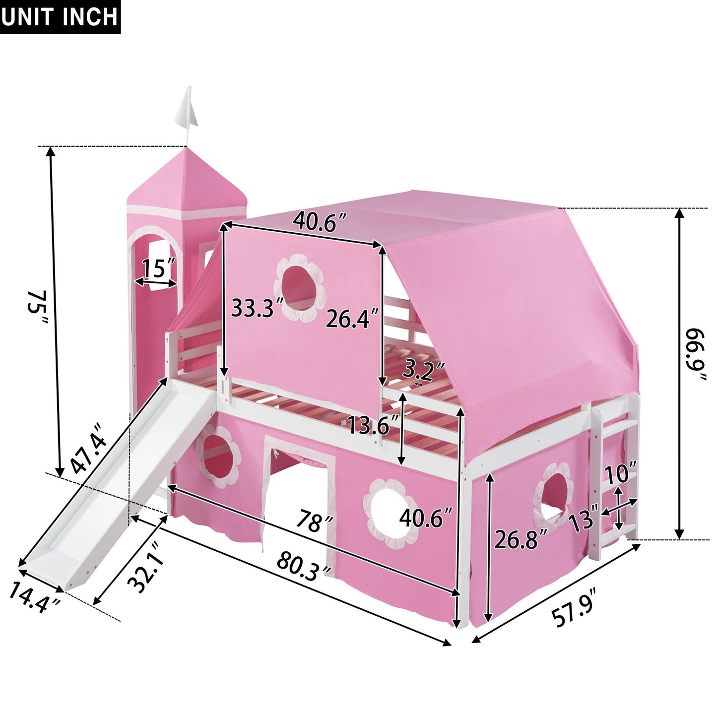 Full Size Loft Bed With Slide And Tent Tower Space Saving Fun Design For Kids - Pink