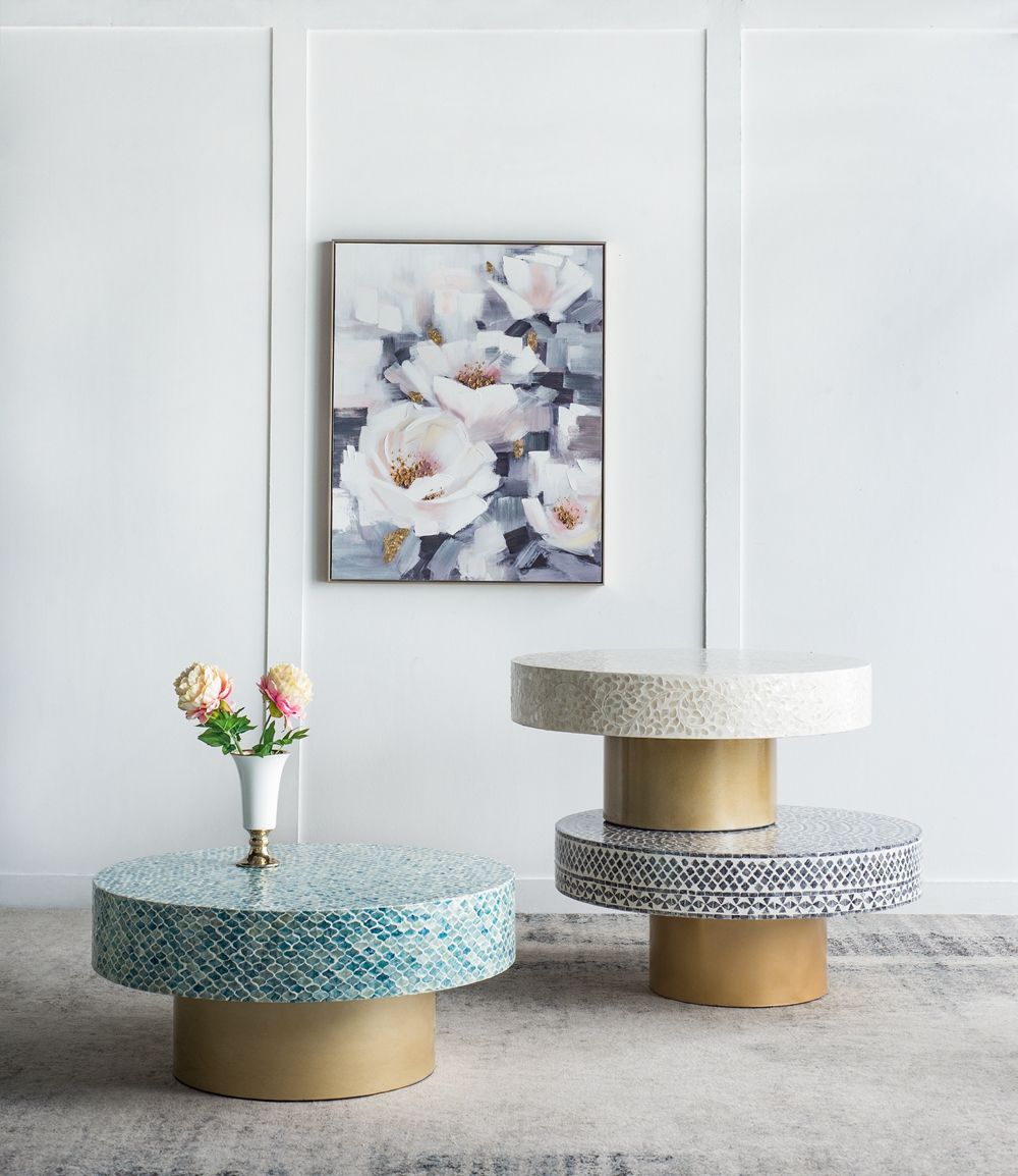 Unique Capiz Coffee Table With Pedestal Base - Multi