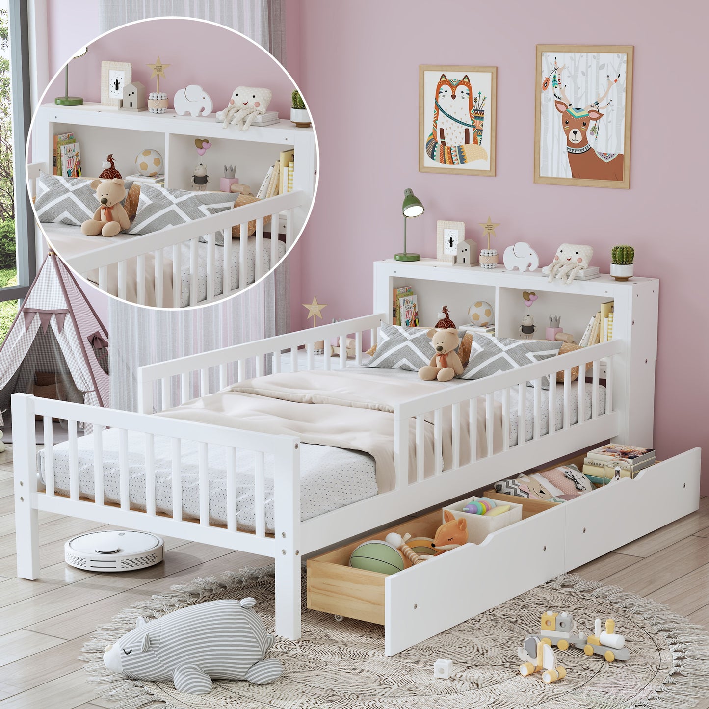 Twin Size Bed With Headboard Storage Rack, 2 Under Bed Drawers, 3 - Side Guardrails For Safety And Security - White