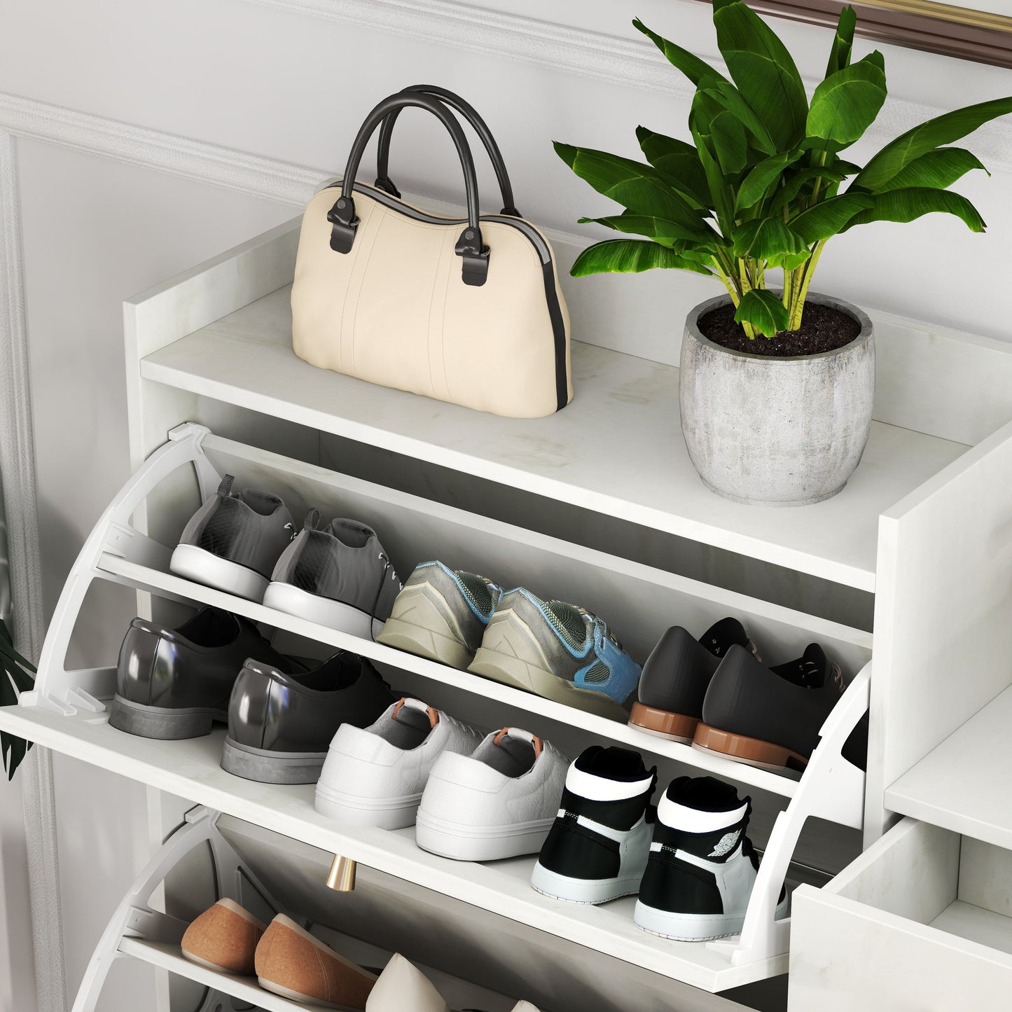 Natural Bohemia Style Shoe Cabinet, Shoe Rack Cabinet With 3 Rattan Flip Drawers, 3 Square Shelves And 1 Storage Drawer, Shoe Organizer With Mulit Storage Space And Hooks For Hallway, Entryway - White
