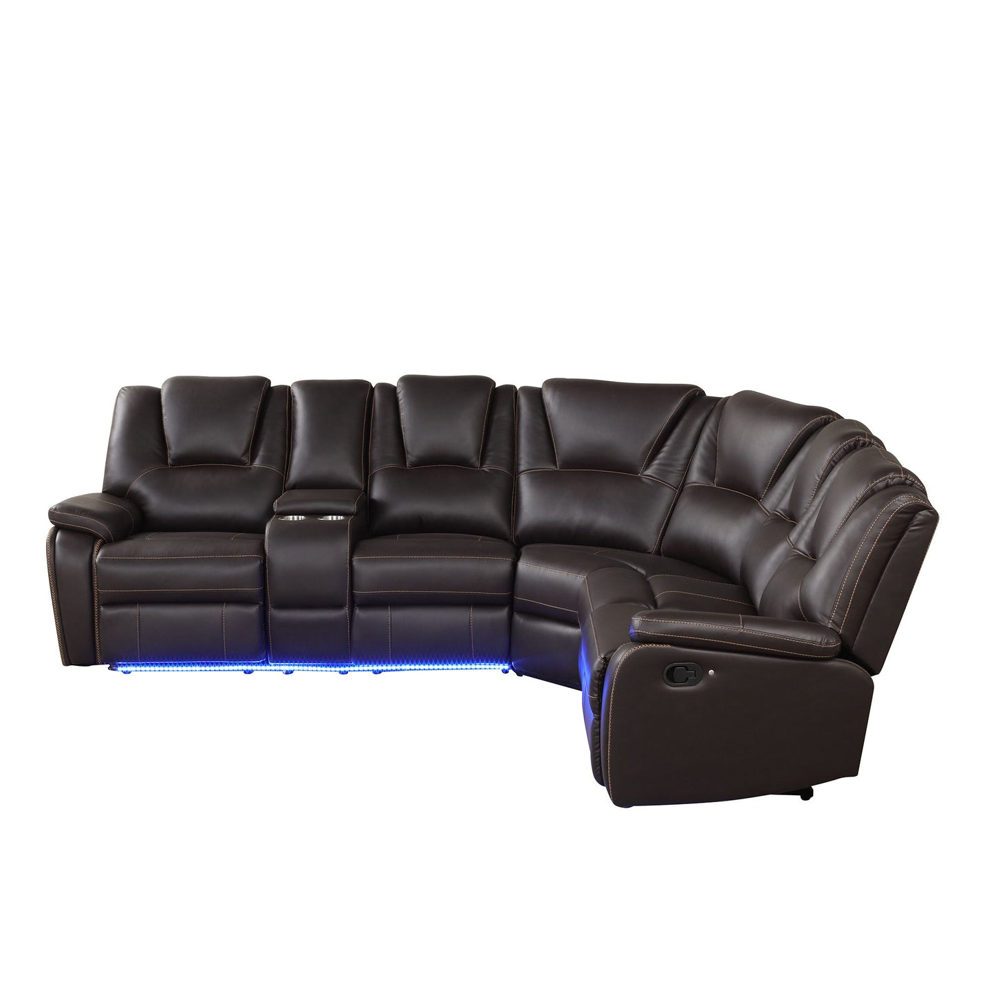 Modern Faux Leather Manual Reclining With Center Console And LED Light Strip, Living Room Furniture Set, Symmetrical Couch With 2 Cup Holders And Storage For Living Room - Brown
