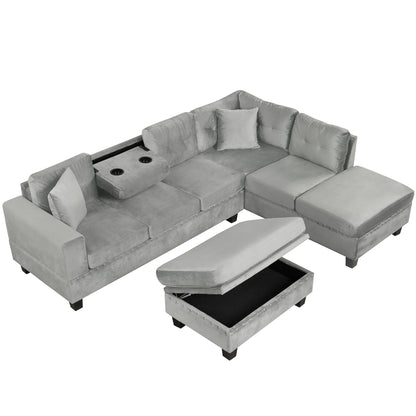 Modern Sectional Sofa With Storage Ottoman, L - Shape Couch With 2 Pillows And Cup Holders - Gray