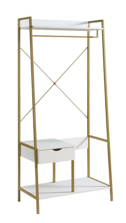 Metal Clothes Rack Open Wardrobe Free Standing With One Drawer Hanging Clothes Rod - White / Gold Metal