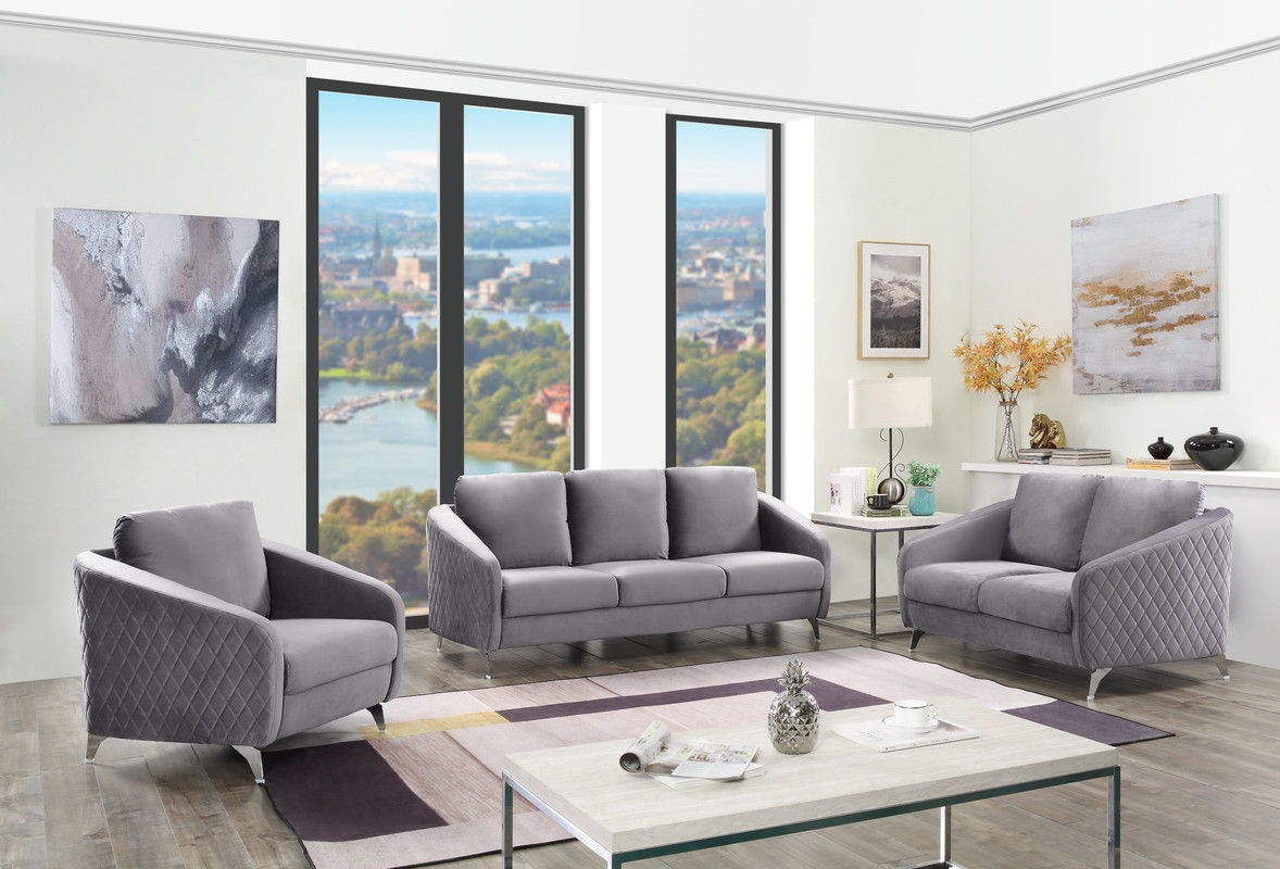 Sofia - Velvet Fabric Sofa, Loveseat, Chair Living Room (Set of 3) - Gray
