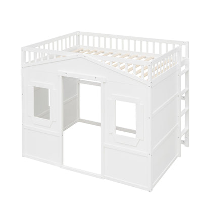 Full Size House Loft Bed With Ladder - White