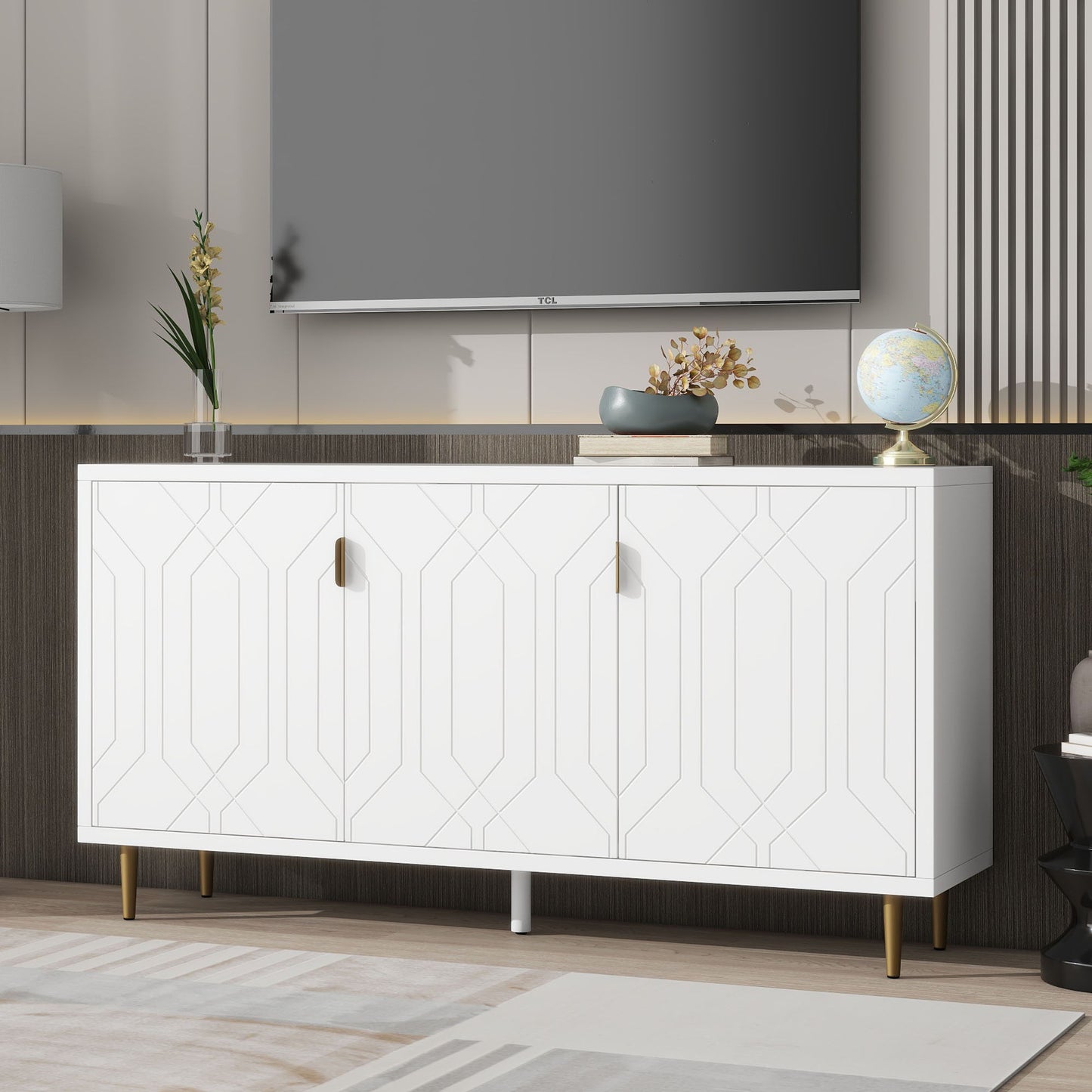 Modern TV Stand With 3 Doors And Adjustable Shelves For Living Room, Fits TVs Up To 70" - White