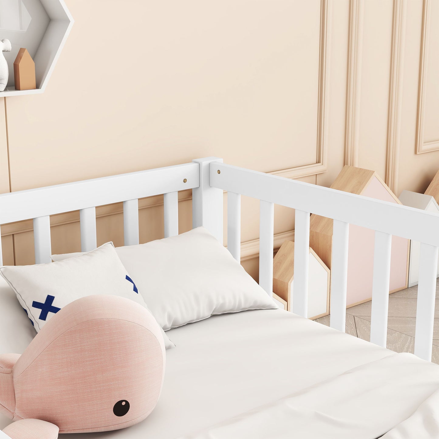 Double Twin Floor Bed With Fence, Guardrails, Without Door - White