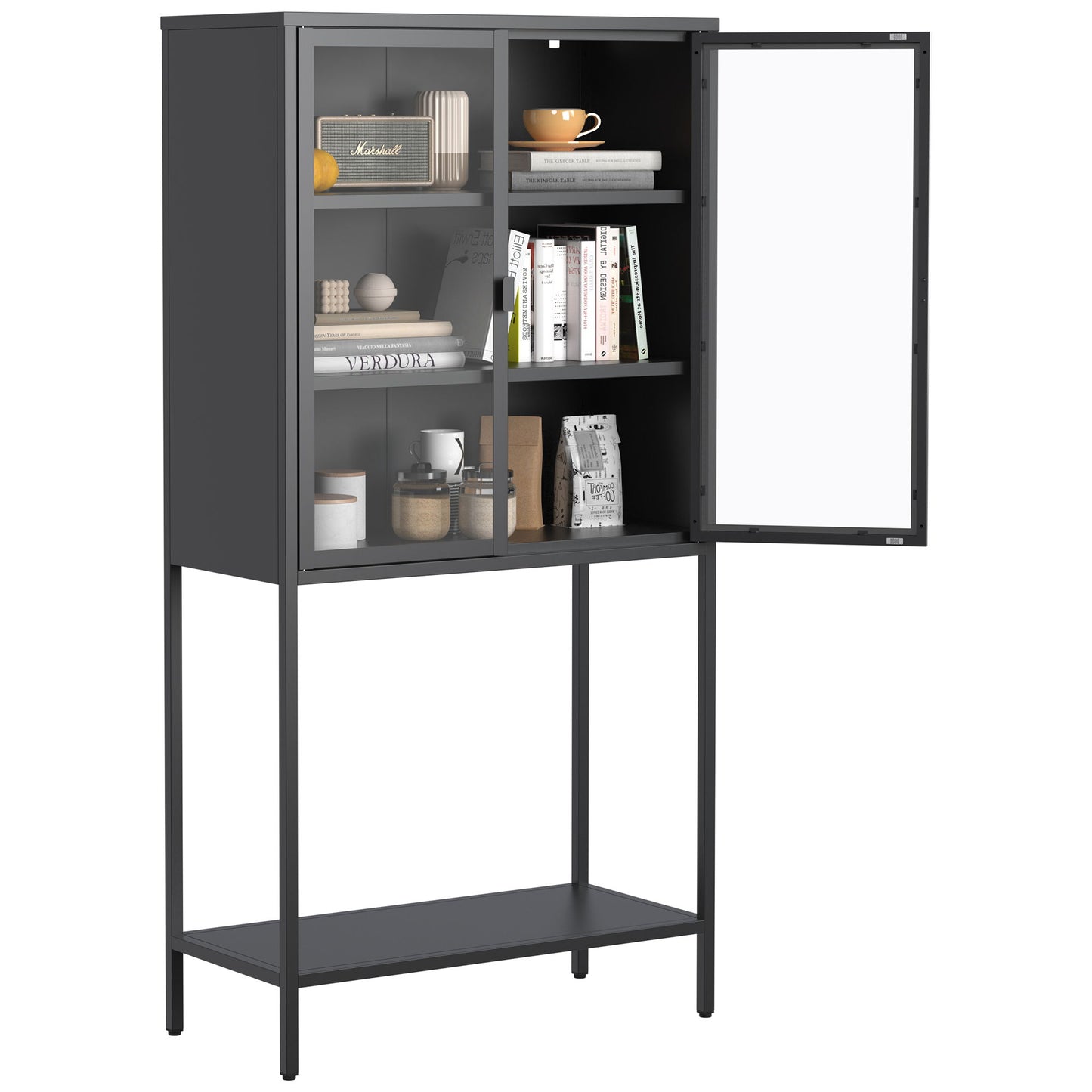Heavy Duty Metal Storage Cabinet, Sideboards & Buffet, Display Storage Cabinet With Glass Doors And 2 Adjustable Shelves, Tall Bookcase Modern Bookshelf Cabinet For Home Office, Living Room - Black