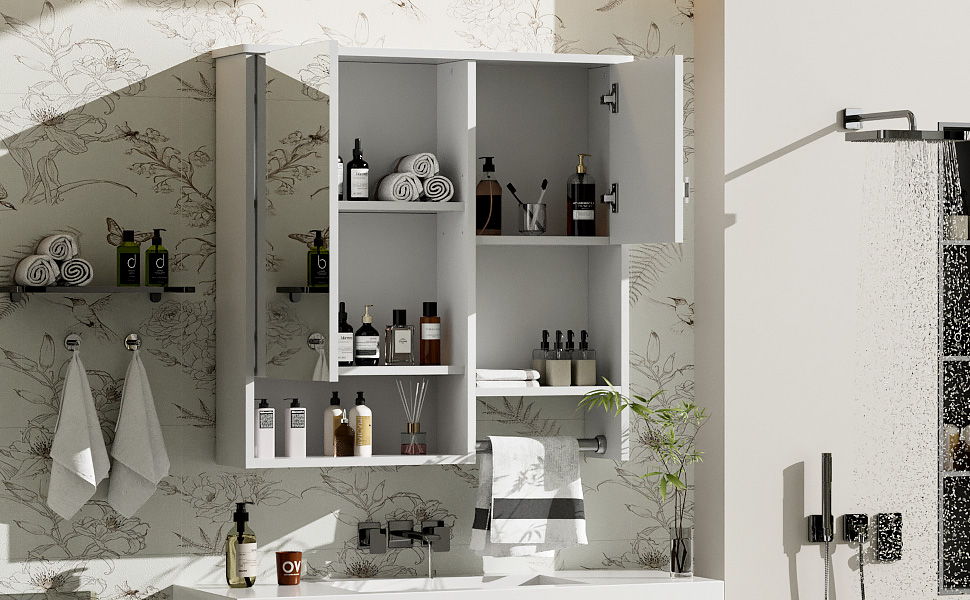Modern Wall Mounted Bathroom Medicine Cabinet, Bathroom Wall Storage Cabinet With Mirror, Over The Toilet Space Saver Cabinet With Towels Bar - White