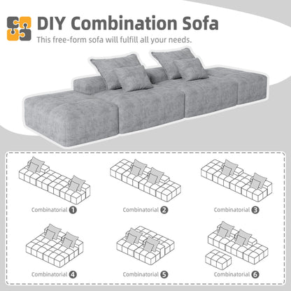 Modern Oversized Modular Sectional Sofa With 2 Ottoman And 2 Seat, Sparkling Chenille Fabric Soft Cushion Sofa With 4 Pillows, 4 Pieces Diy Combination Tufted Sofa, No Assembly Required - Gray