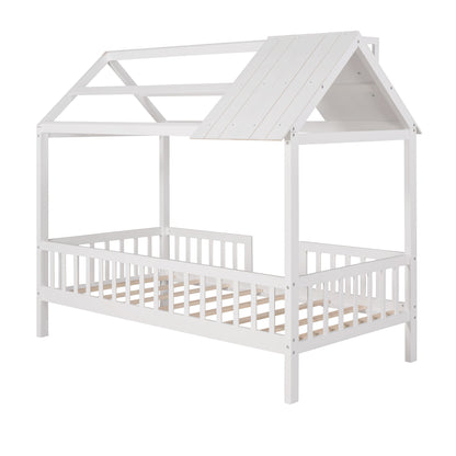 Twin Size House Bed With Fence - White