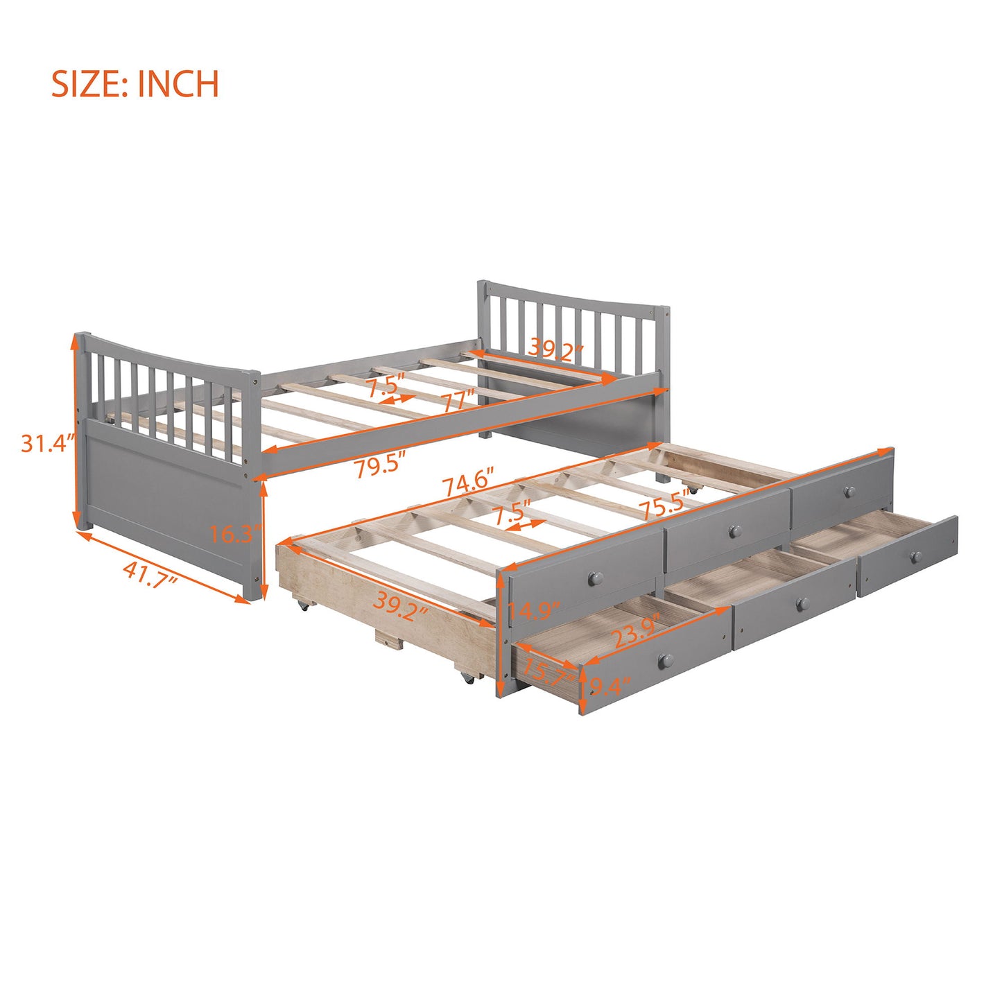 Twin Size Daybed With Trundle And Drawers - Gray