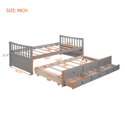 Twin Size Daybed With Trundle And Drawers - Gray
