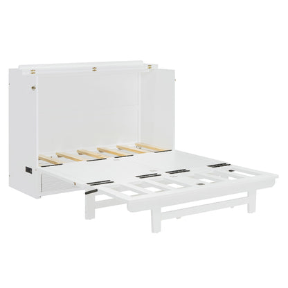 Full Size Murphy Bed With Large Drawer, USB Ports And Outlets - White