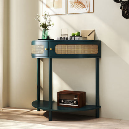 Boho Rattan Semi Circle End Table With Sliding Rattan Door, Elegant Entryway Console With Storage And Bottom Shelf - Antique Green