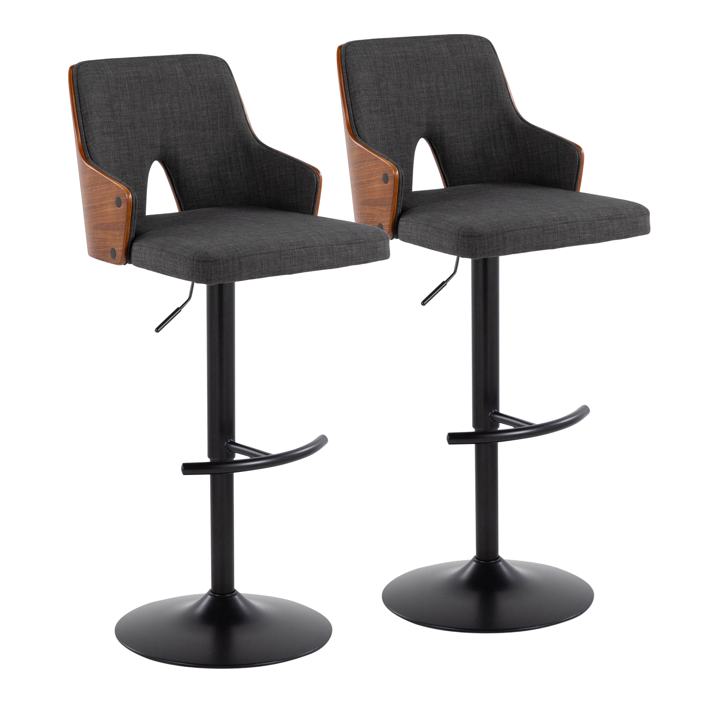Stella - Contemporary Adjustable Barstool Stool With Swivel With Rounded T Footrest (Set of 2) - Black / Walnut / Charcoal
