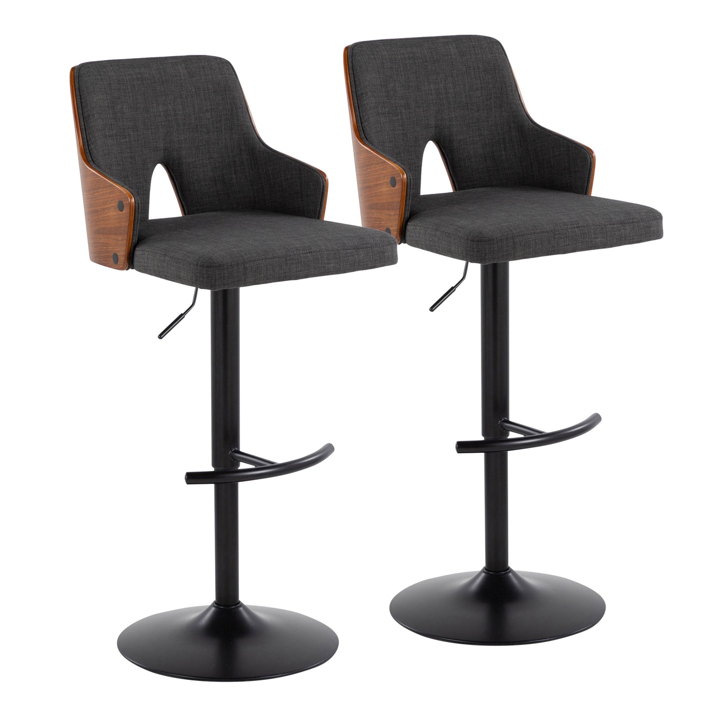 Stella - Contemporary Adjustable Barstool Stool With Swivel With Rounded T Footrest (Set of 2) - Black / Walnut / Charcoal