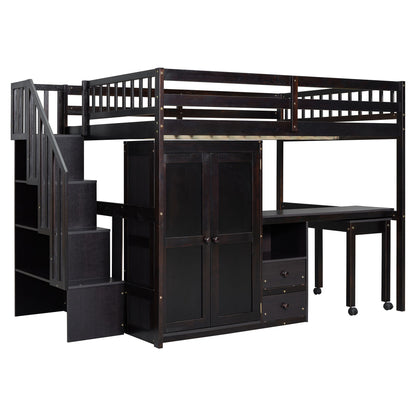 Full Size Loft Bed With Stairs, Bookshelf, Drawers, Desk & Wardrobe, Space Saving Multifunctional Furniture - Espresso