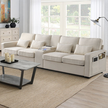 Upholstered Sofa With Console, 2 Cupholders And 2 USB Ports Wired Or Wirelessly Charged, Modern Linen Fabric Couches With 4 Pillows (4 Seat) - Beige