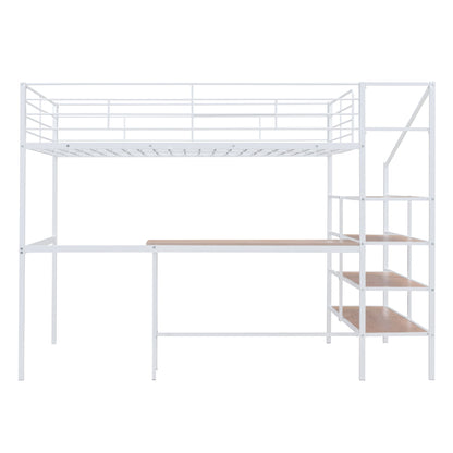 Full Size Loft Bed With Desk And Lateral Storage Ladder - White