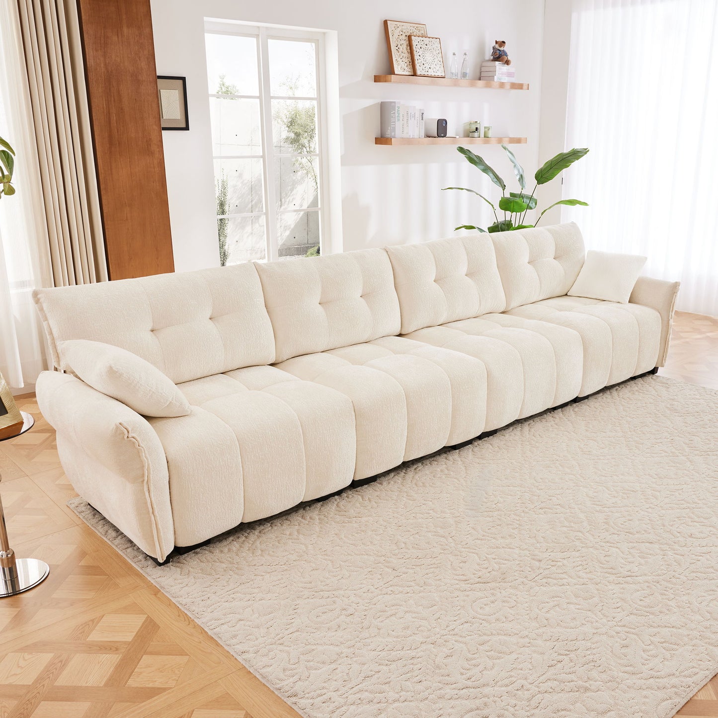 Modern 4 Seater Sofa Frame, Premium, High Resilience Cushions - White