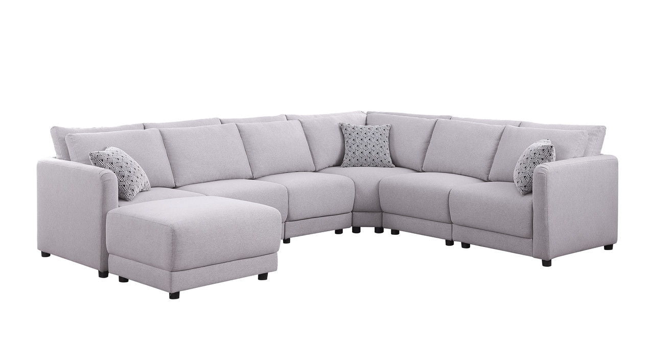 Penelope - Linen Fabric Reversible 7 Piece Modular Sectional Sofa With Ottoman And Pillows - Light Gray