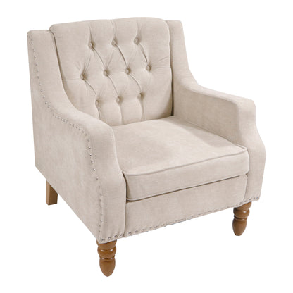 Accent Chair, Living Room Chair, Footrest Chair Set With Vintage Brass Studs, Button Tufted Upholstered Armchair For Living Room, Comfy Reading Chair For Bedroom, Reception Room - Beige
