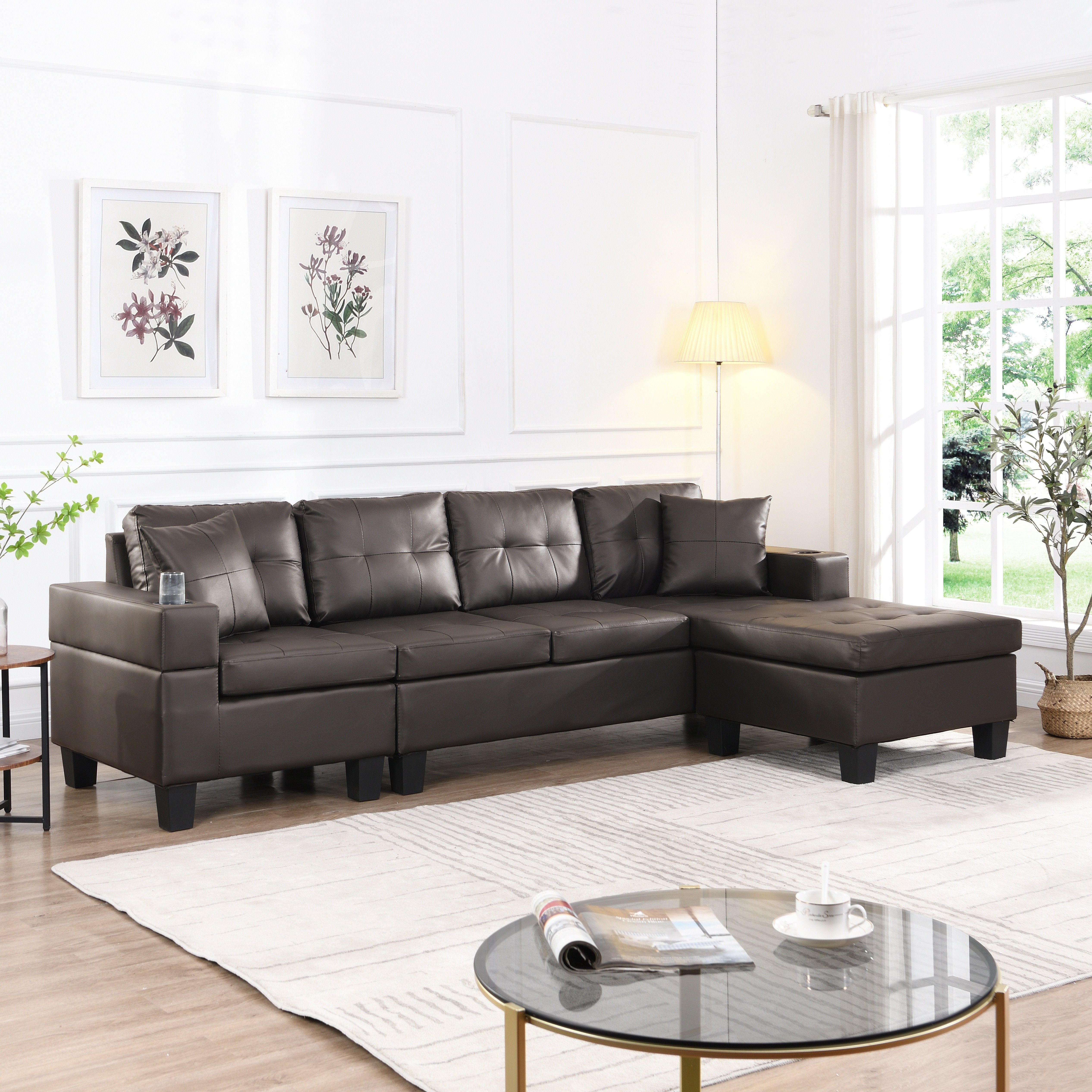 Modern Sectional Sofa Set With L Shape Chaise Lounge And Cup Holder - Chocolate Brown