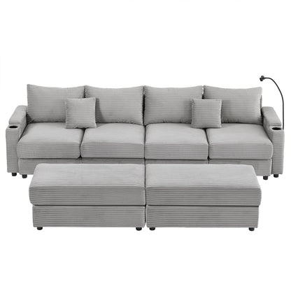 Modern Style 4 - Seater Sofa Sectional Sofa Couch With Storage Space, Two Movable Ottomans, Two USB Ports, Two Cup Holders, A Phone Holder For Living Room - Gray
