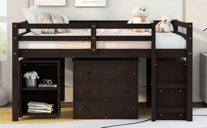 Full Loft Low Study Bed With Cabinet, Shelves And Rolling Portable Desk, Multiple Functions - Espresso