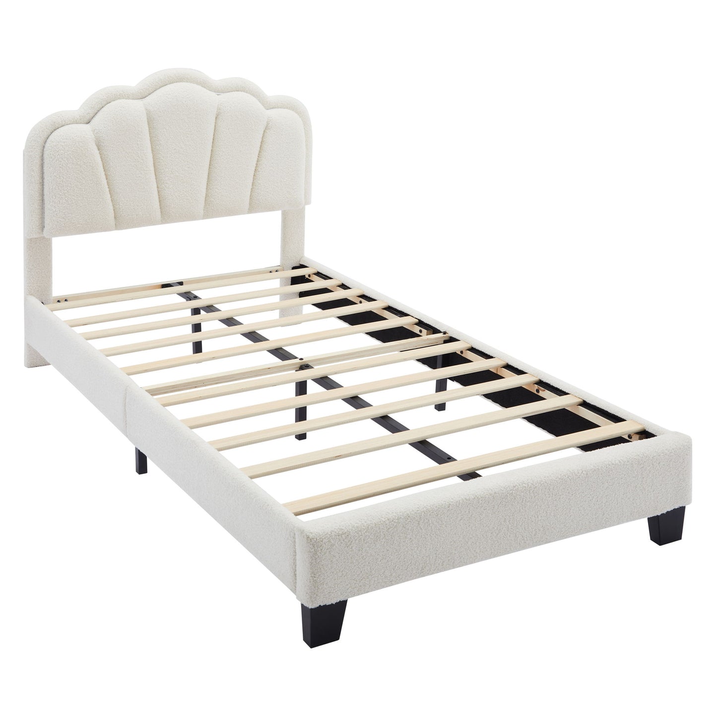 Twin Size Upholstered Flower-Shape Bed, Elegant Flowers Headboard With LED Light Strip, Sherpa Fabric Platform Bed With Slats Support - White